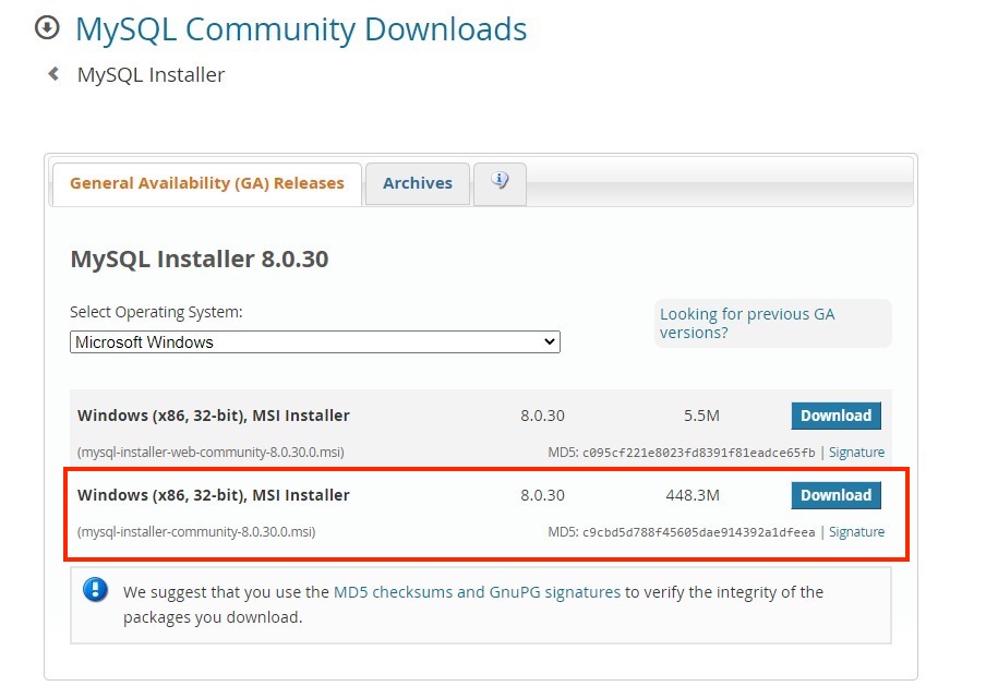 Page de téléchargement MySQL
