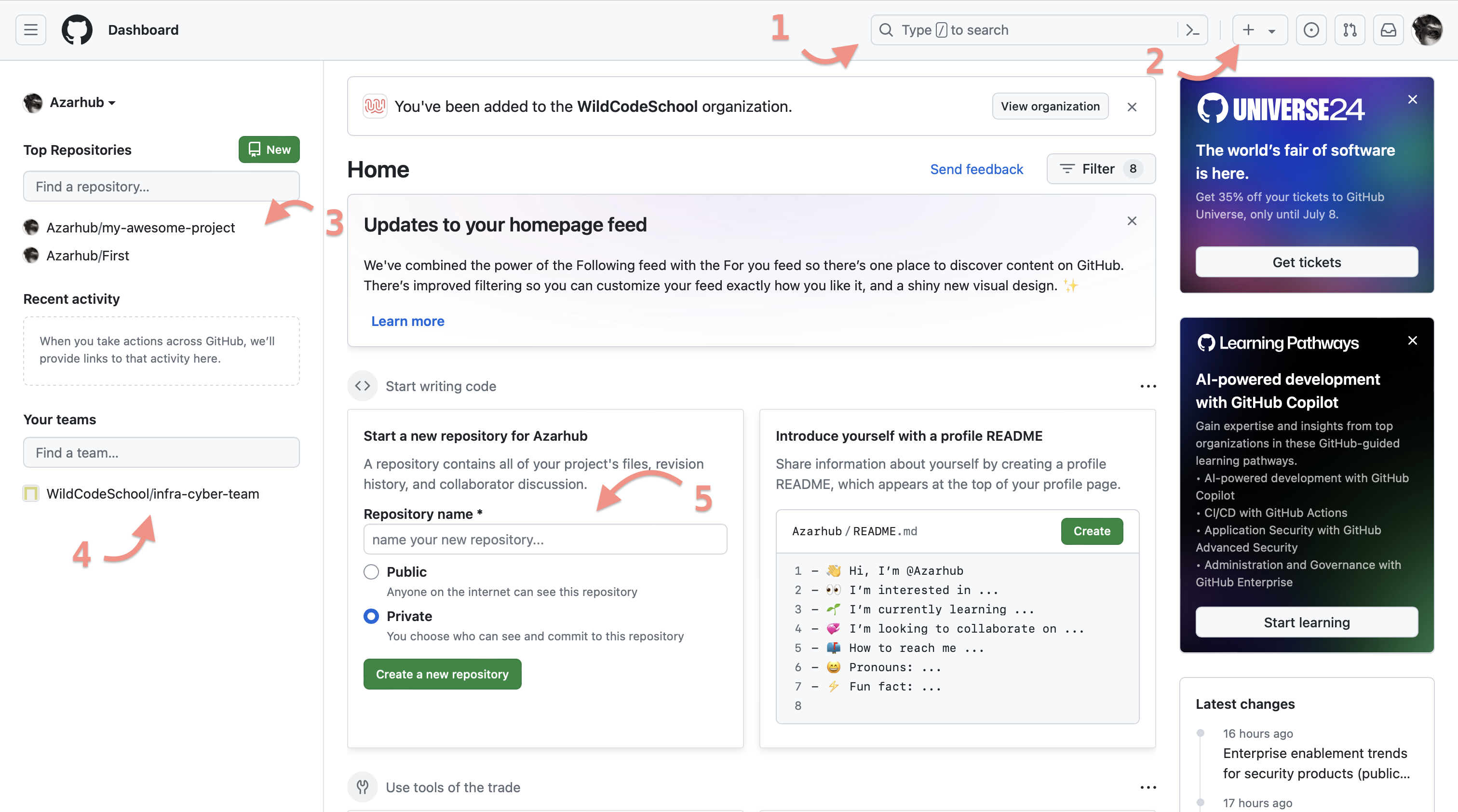 Capture d'écran annotée permettant d'identifier les 5 zones décrite ci dessous sur le dashboard github